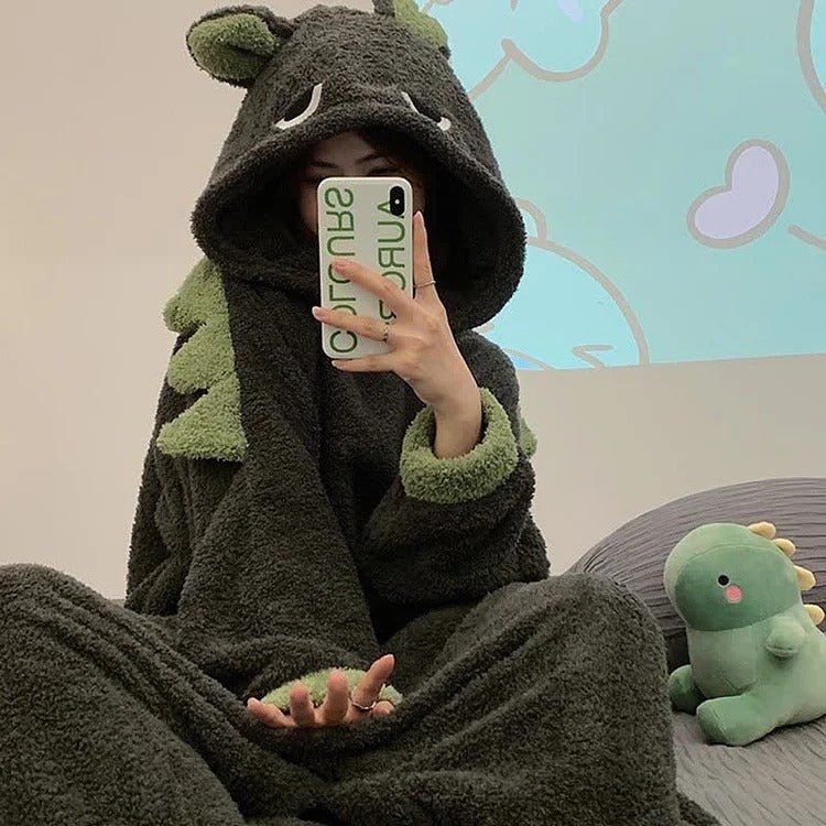 Kawaii Cartoon Dinasour Plush Hooded Jumpsuit Pajamas - Kawaii Side