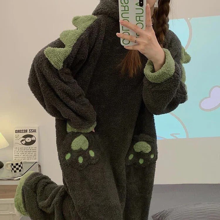 Kawaii Cartoon Dinasour Plush Hooded Jumpsuit Pajamas - Kawaii Side