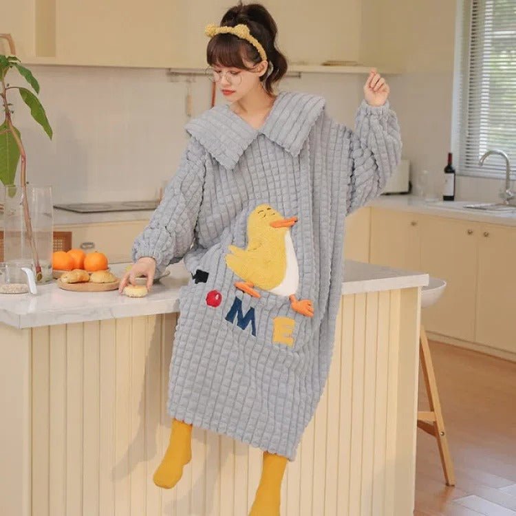 Kawaii Cartoon Embroidery Lapel Plush Pajamas Dress - Kawaii Side