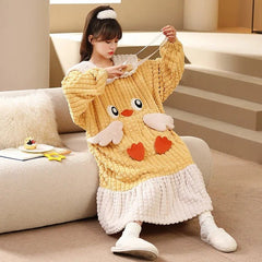 Kawaii Cartoon Embroidery Lapel Plush Pajamas Dress - Kawaii Side