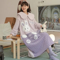 Kawaii Cartoon Embroidery Lapel Plush Pajamas Dress - Kawaii Side