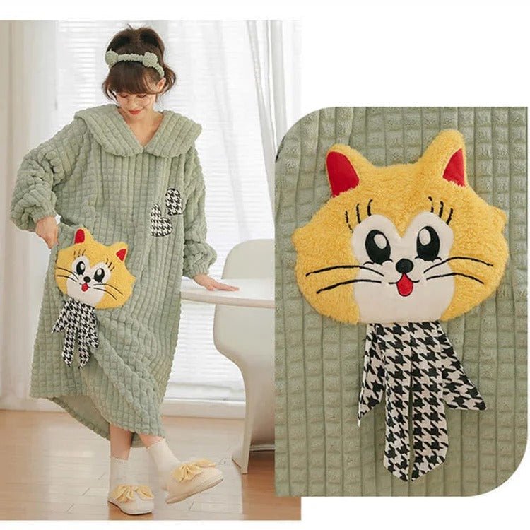 Kawaii Cartoon Embroidery Lapel Plush Pajamas Dress - Kawaii Side