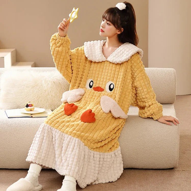 Kawaii Cartoon Embroidery Lapel Plush Pajamas Dress - Kawaii Side