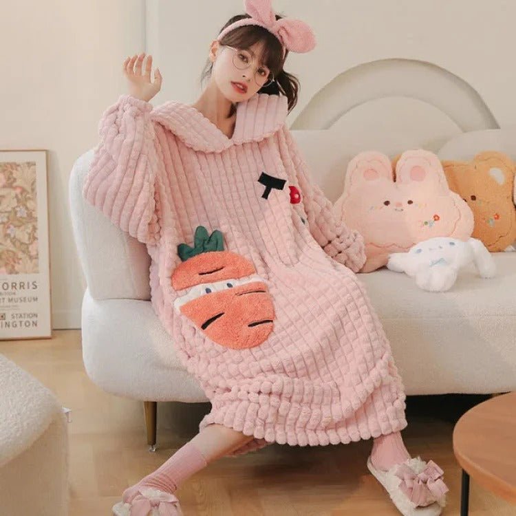 Kawaii Cartoon Embroidery Lapel Plush Pajamas Dress - Kawaii Side