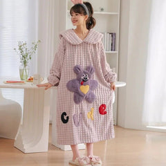 Kawaii Cartoon Embroidery Lapel Plush Pajamas Dress - Kawaii Side