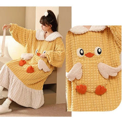 Kawaii Cartoon Embroidery Lapel Plush Pajamas Dress - Kawaii Side