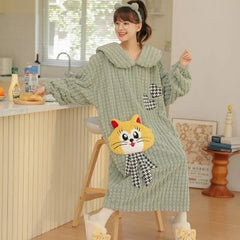 Kawaii Cartoon Embroidery Lapel Plush Pajamas Dress - Kawaii Side