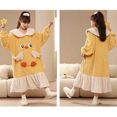 Kawaii Cartoon Embroidery Lapel Plush Pajamas Dress - Kawaii Side