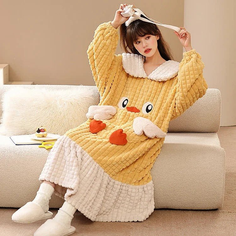 Kawaii Cartoon Embroidery Lapel Plush Pajamas Dress - Kawaii Side