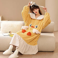 Kawaii Cartoon Embroidery Lapel Plush Pajamas Dress - Kawaii Side