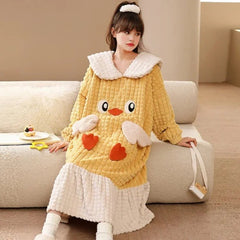 Kawaii Cartoon Embroidery Lapel Plush Pajamas Dress - Kawaii Side