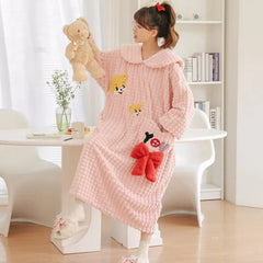 Kawaii Cartoon Embroidery Lapel Plush Pajamas Dress - Kawaii Side