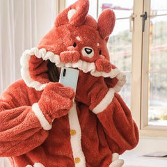 Kawaii Cartoon Fox Pattern Plush Hooded Pajamas Dress - Kawaii Side