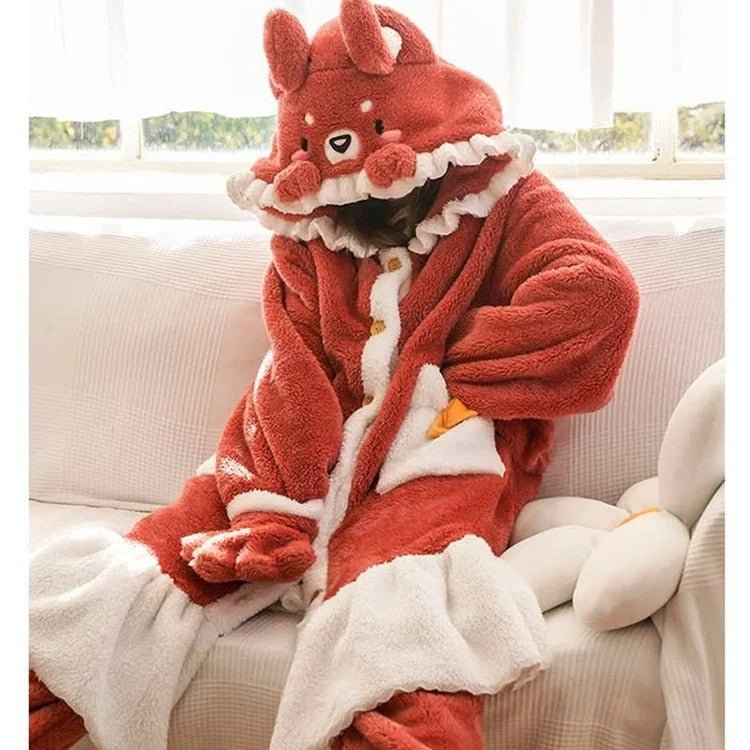 Kawaii Cartoon Fox Pattern Plush Hooded Pajamas Dress - Kawaii Side