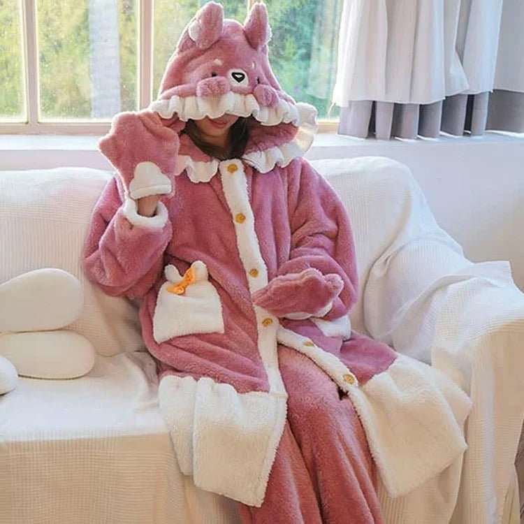 Kawaii Cartoon Fox Pattern Plush Hooded Pajamas Dress - Kawaii Side