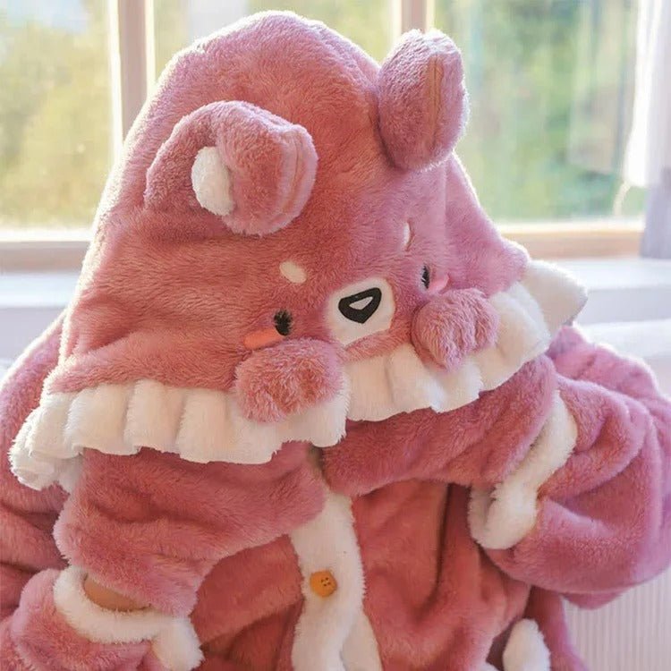 Kawaii Cartoon Fox Pattern Plush Hooded Pajamas Dress - Kawaii Side