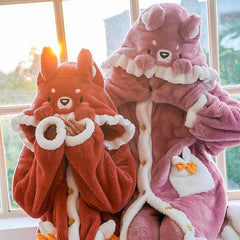 Kawaii Cartoon Fox Pattern Plush Hooded Pajamas Dress - Kawaii Side