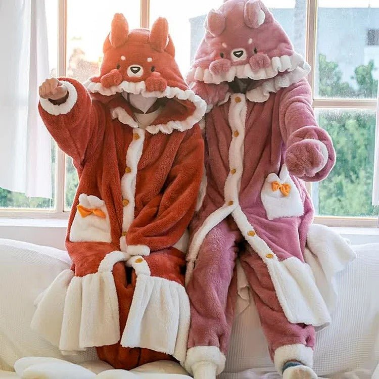 Kawaii Cartoon Fox Pattern Plush Hooded Pajamas Dress - Kawaii Side