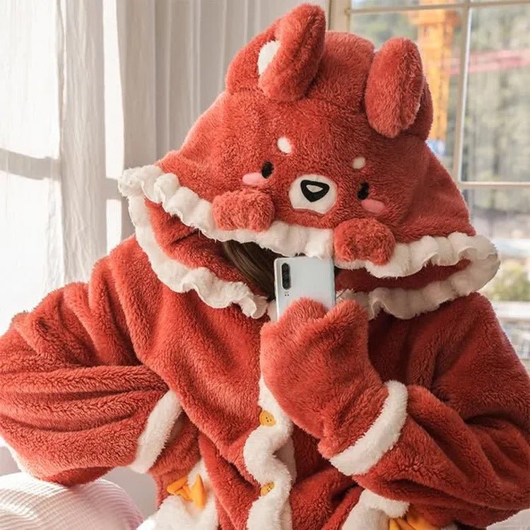 Kawaii Cartoon Fox Pattern Plush Hooded Pajamas Dress - Kawaii Side