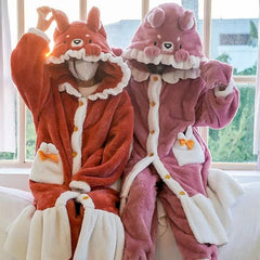 Kawaii Cartoon Fox Pattern Plush Hooded Pajamas Dress - Kawaii Side