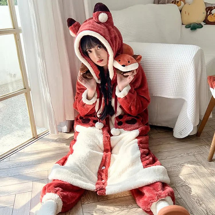 Kawaii Cartoon Fox Plush Hooded Pajamas Set - Kawaii Side