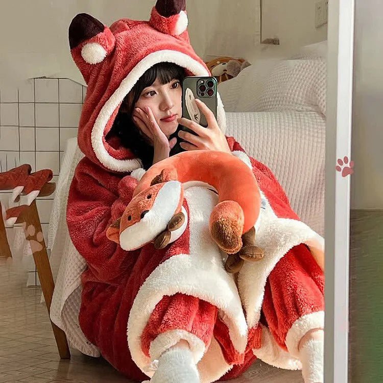 Kawaii Cartoon Fox Plush Hooded Pajamas Set - Kawaii Side