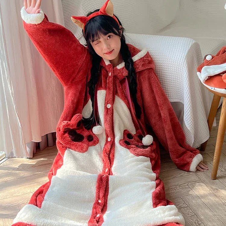 Kawaii Cartoon Fox Plush Hooded Pajamas Set - Kawaii Side