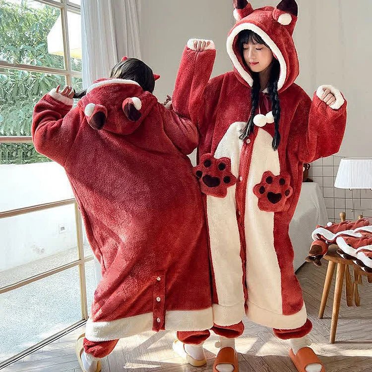 Kawaii Cartoon Fox Plush Hooded Pajamas Set - Kawaii Side