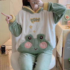 Kawaii Cartoon Frog Eyes Ears Hooded Pajamas Set - Kawaii Side