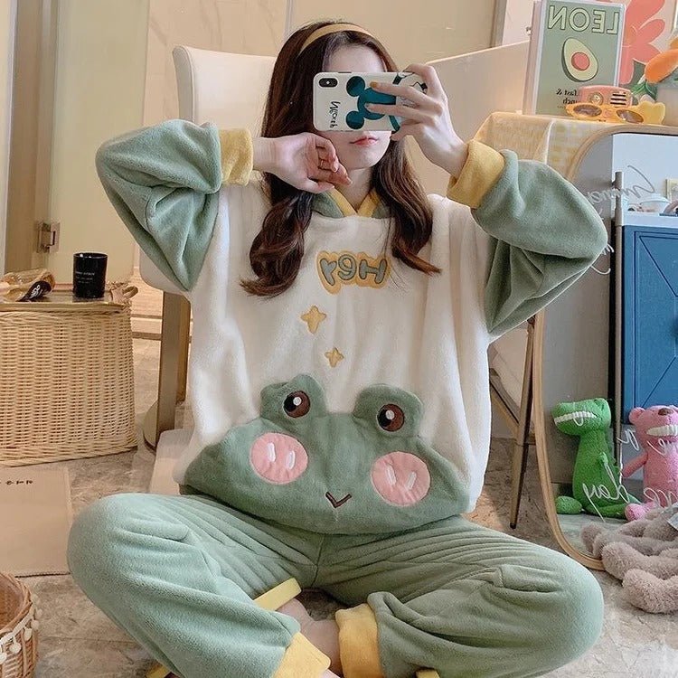 Kawaii Cartoon Frog Eyes Ears Hooded Pajamas Set - Kawaii Side