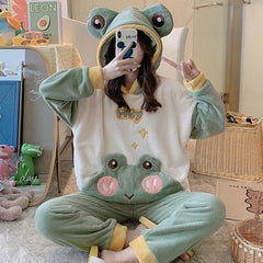 Kawaii Cartoon Frog Eyes Ears Hooded Pajamas Set - Kawaii Side