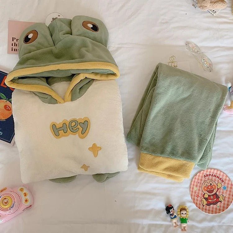 Kawaii Cartoon Frog Eyes Ears Hooded Pajamas Set - Kawaii Side