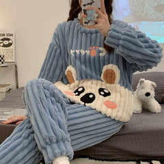 Kawaii Cartoon Letter Print Plush Pajamas Set - Kawaii Side