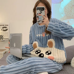 Kawaii Cartoon Letter Print Plush Pajamas Set - Kawaii Side