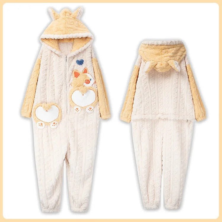 Kawaii Cartoon Puppy Embroidery Plush Hooded Pajamas Set - Kawaii Side