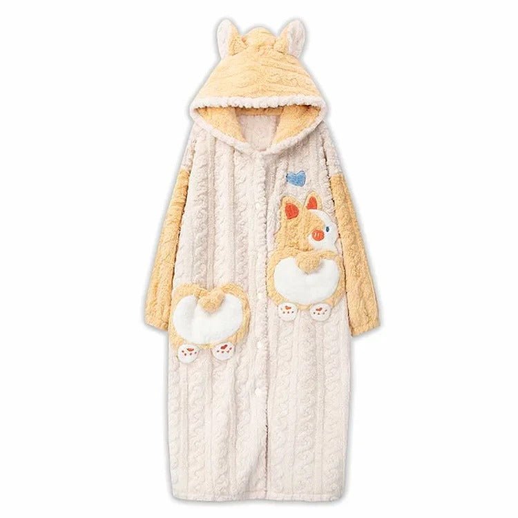 Kawaii Cartoon Puppy Embroidery Plush Hooded Pajamas Set - Kawaii Side