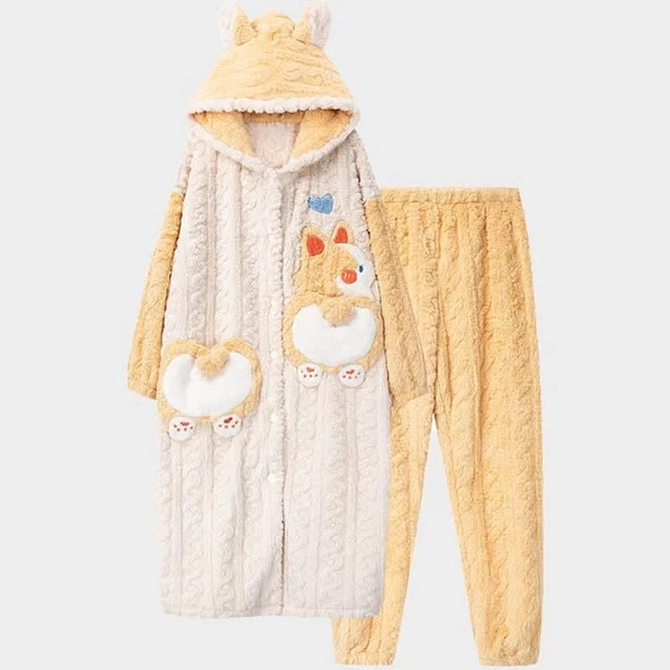 Kawaii Cartoon Puppy Embroidery Plush Hooded Pajamas Set - Kawaii Side