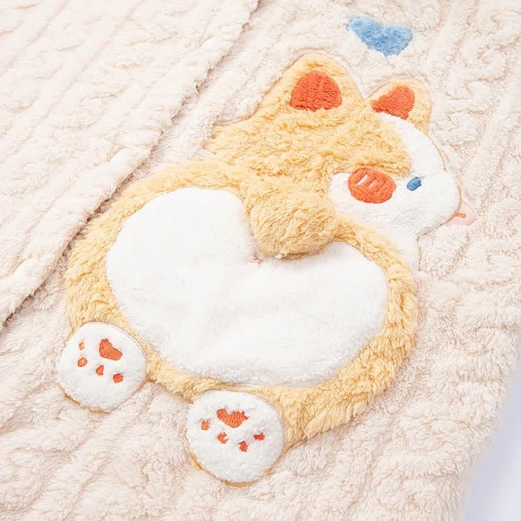 Kawaii Cartoon Puppy Embroidery Plush Hooded Pajamas Set - Kawaii Side