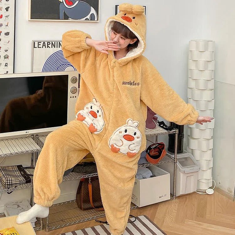 Kawaii Cartoon Puppy Embroidery Plush Hooded Pajamas Set - Kawaii Side