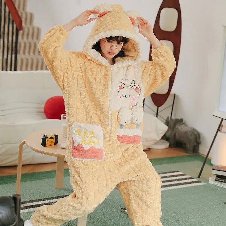 Kawaii Cartoon Puppy Embroidery Plush Hooded Pajamas Set - Kawaii Side