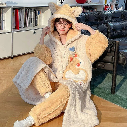 Kawaii Cartoon Puppy Embroidery Plush Hooded Pajamas Set - Kawaii Side