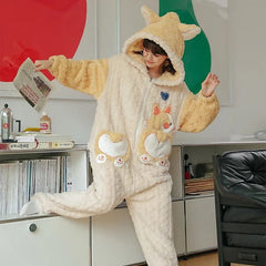 Kawaii Cartoon Puppy Embroidery Plush Hooded Pajamas Set - Kawaii Side