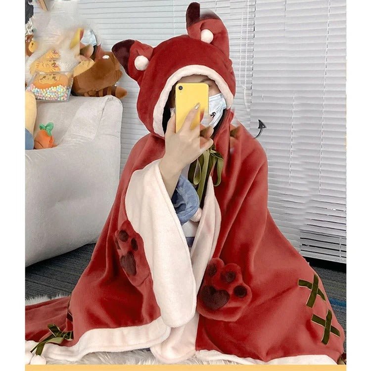 Kawaii Cartoon Red Fox Hooded Blanket - Kawaii Side