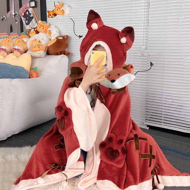 Kawaii Cartoon Red Fox Hooded Blanket - Kawaii Side