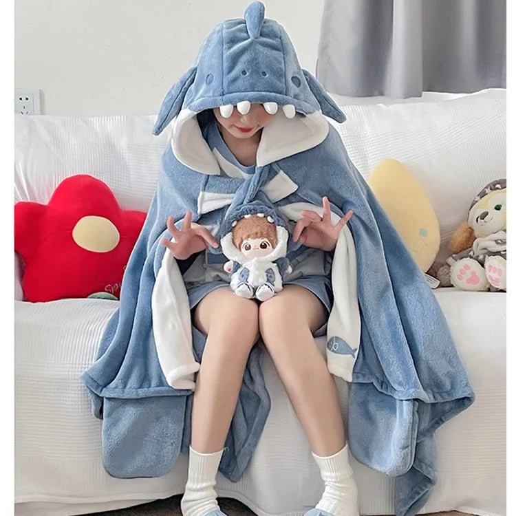 Kawaii Cartoon Shark Hooded Blanket - Kawaii Side