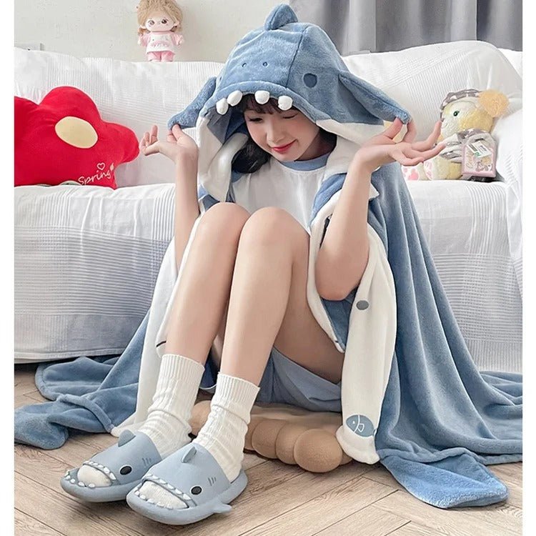 Kawaii Cartoon Shark Hooded Blanket - Kawaii Side