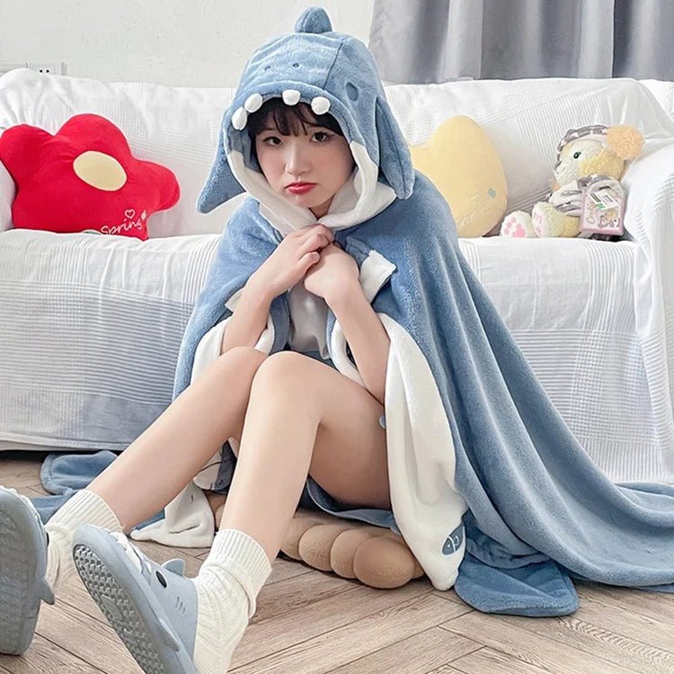 Kawaii Cartoon Shark Hooded Blanket - Kawaii Side