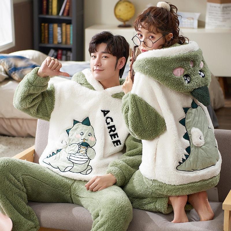 Kawaii Dinosaur Boyfriend Girlfriend Hooded Pajamas Set - Kawaii Side