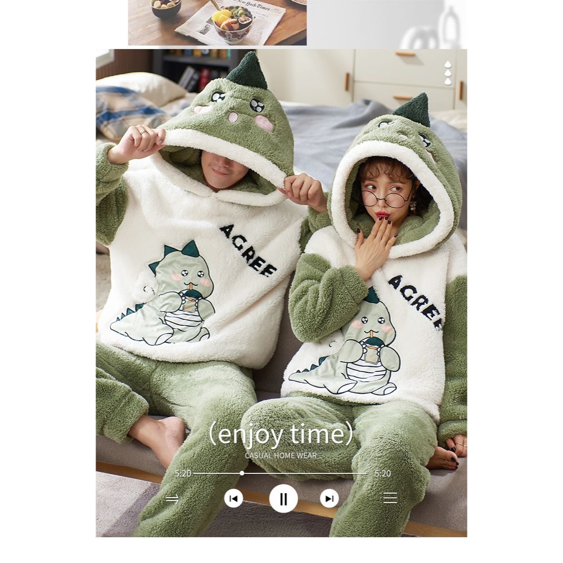 Kawaii Dinosaur Boyfriend Girlfriend Hooded Pajamas Set - Kawaii Side