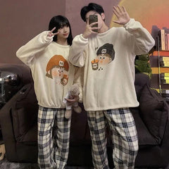 Kawaii Girlfriend Boyfriend Cartoon Print Plush Pajamas Set - Kawaii Side